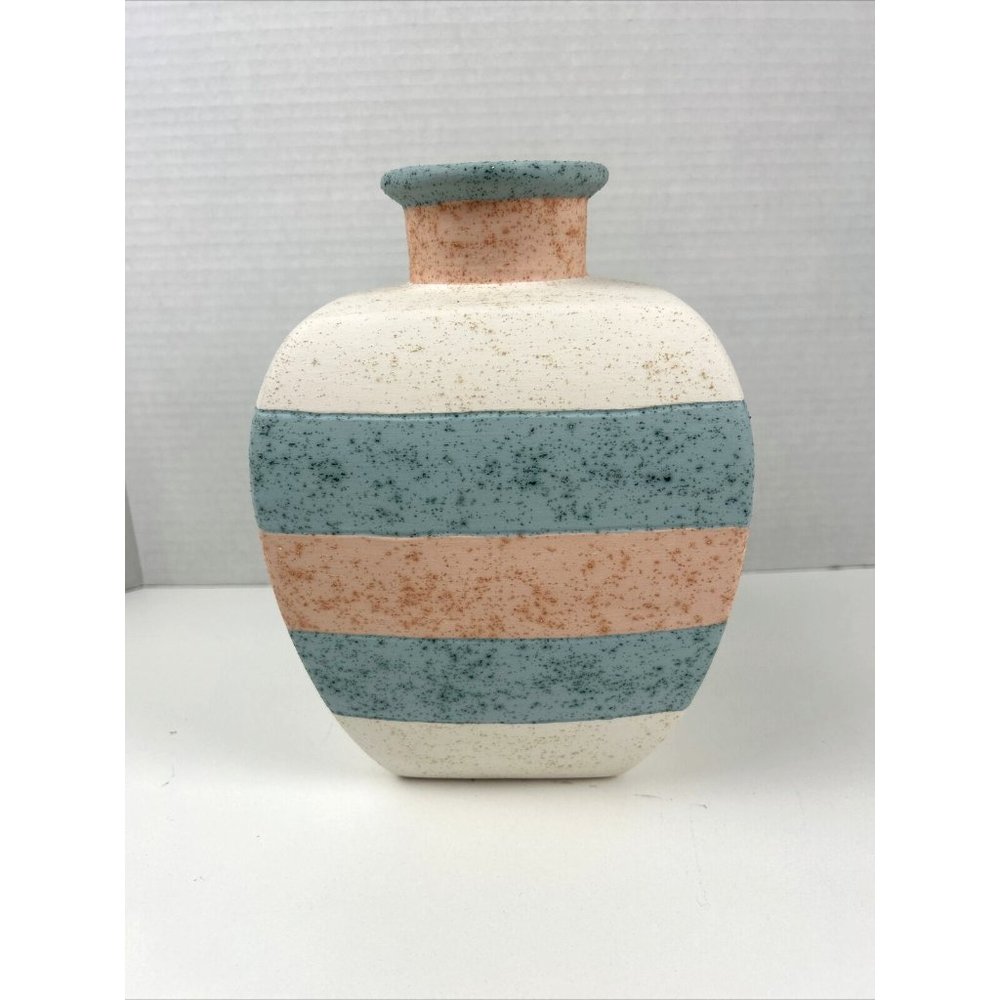Vintage Southwestern Pottery Vase Pastel Striped Colors Signed 9"H x 3"W Opening